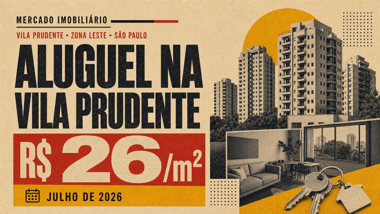 Capa editorial sobre aluguel na Vila Prudente com média anunciada de R$ 26 por metro quadrado em julho de 2026