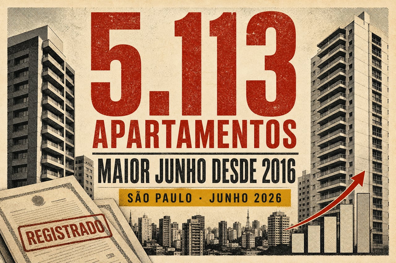 Capa editorial com o número 5.113, edifícios residenciais e a informação de que junho de 2026 teve o maior volume de vendas de apartamentos desde 2016 em São Paulo