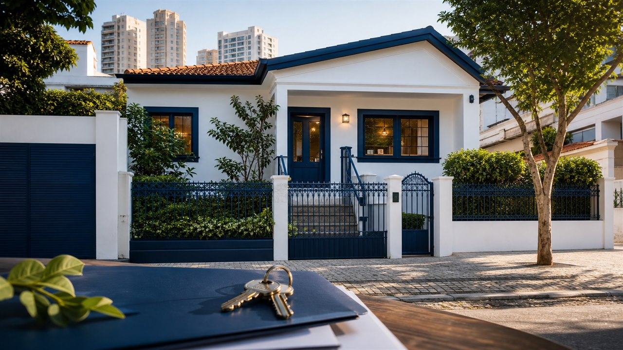 Chaves, calculadora, documentos de financiamento e grafico financeiro abstrato sobre mesa de apartamento em Sao Paulo