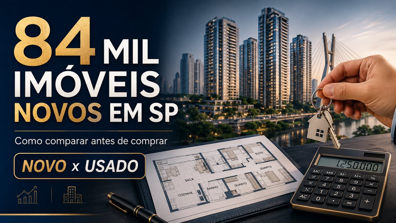 Chaves, planta de apartamento, calculadora e gráficos de mercado com prédios residenciais de São Paulo ao fundo