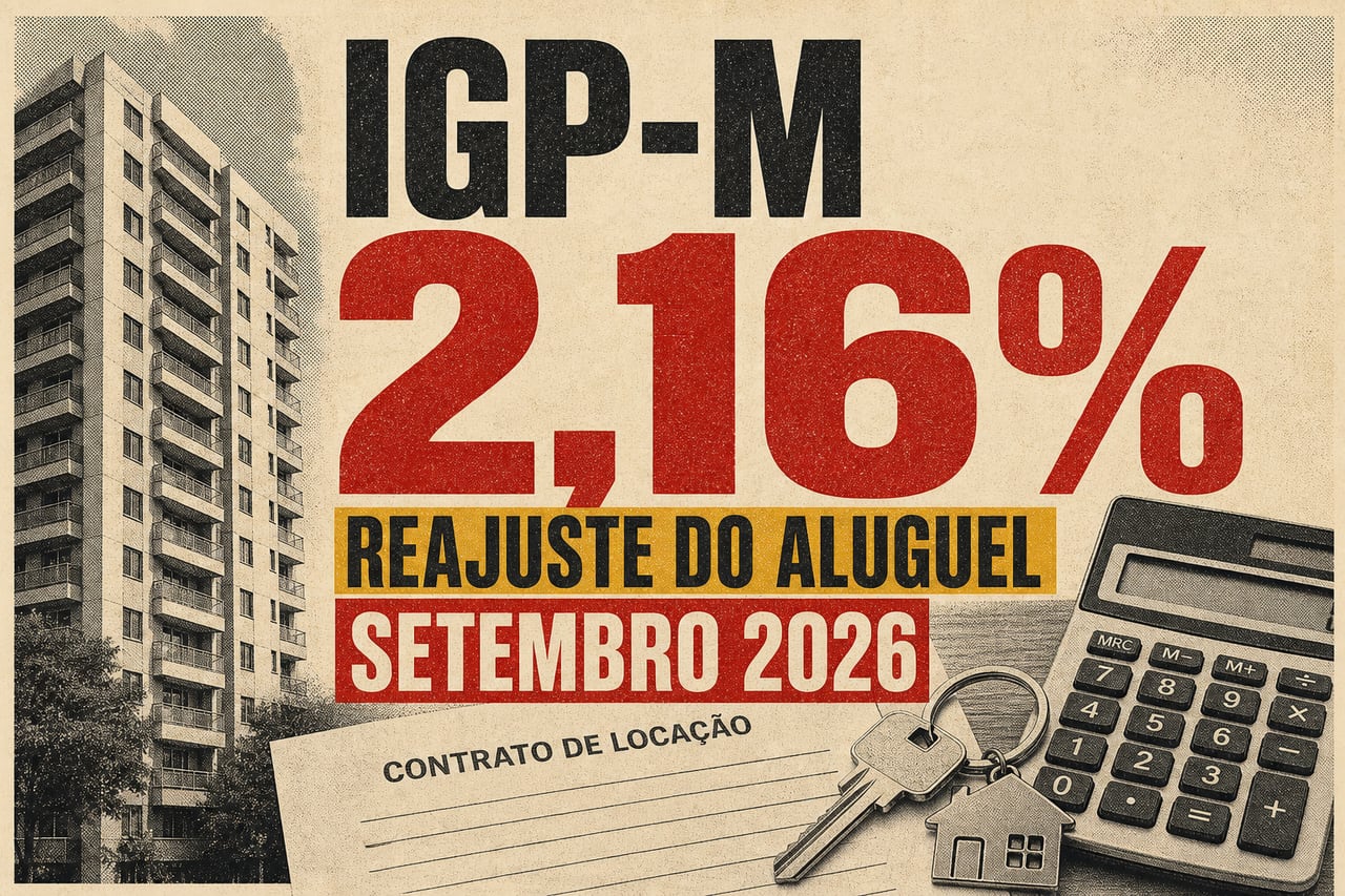 Capa editorial com edifício residencial, contrato de locação, calculadora e o índice IGP-M acumulado de 2,16% para setembro de 2026