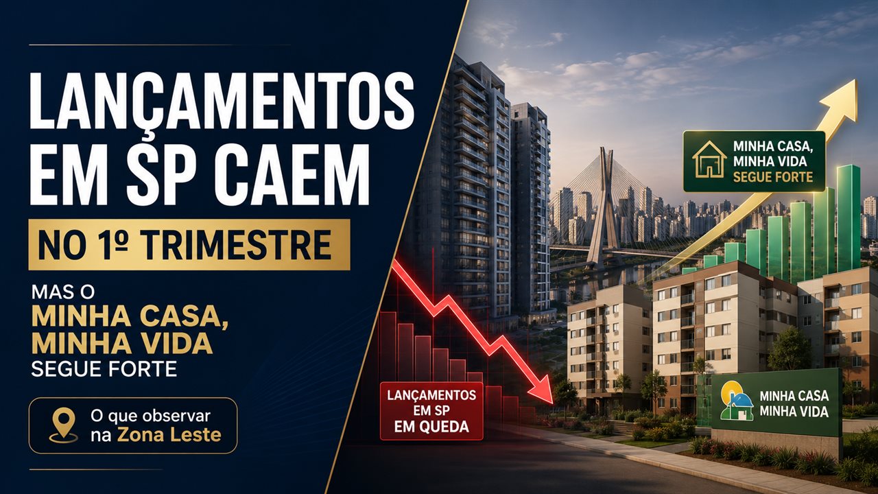 Maquetes de prédios residenciais, chaves, planta, calculadora e gráficos com skyline de São Paulo ao fundo