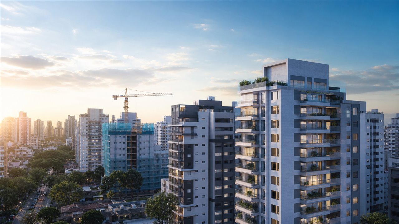 Predios residenciais modernos na Zona Leste de Sao Paulo em composicao editorial sobre novos lancamentos imobiliarios