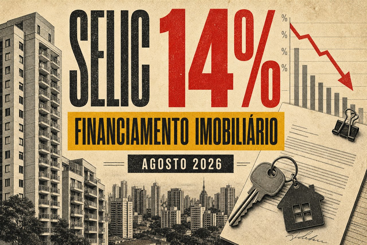 Colagem editorial com prédios, contrato, chaves e a informação Selic 14% sobre financiamento imobiliário
